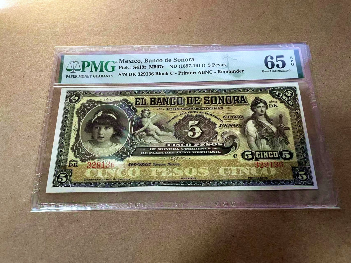 【Blue Auction】✨世界纸币精拍第435期【精】 墨西哥 1897-1911年5比索 PMG65EPQ  ABNC出品  小女孩 设计精美