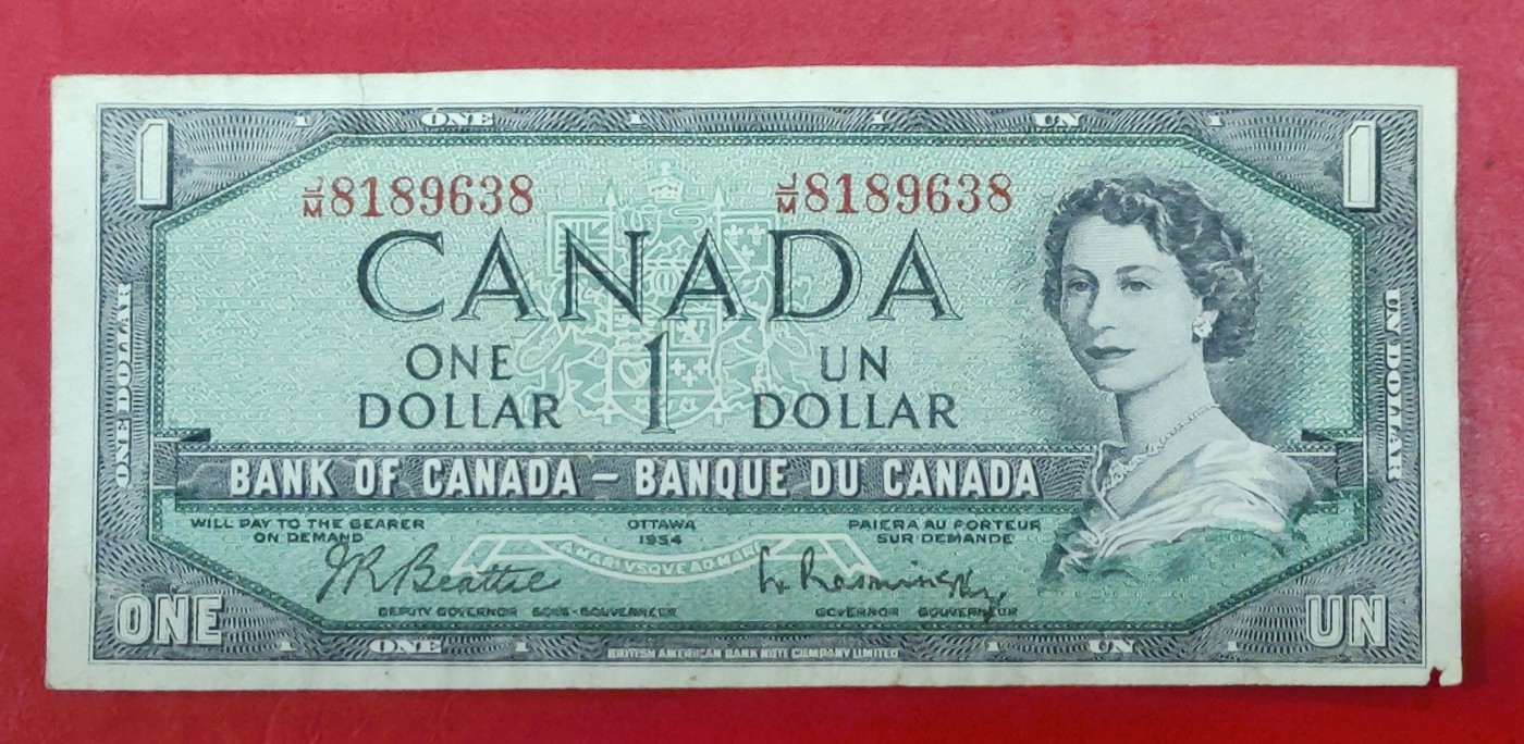 加拿大1954年联邦百年1元纪念钞 流通品 保真收藏