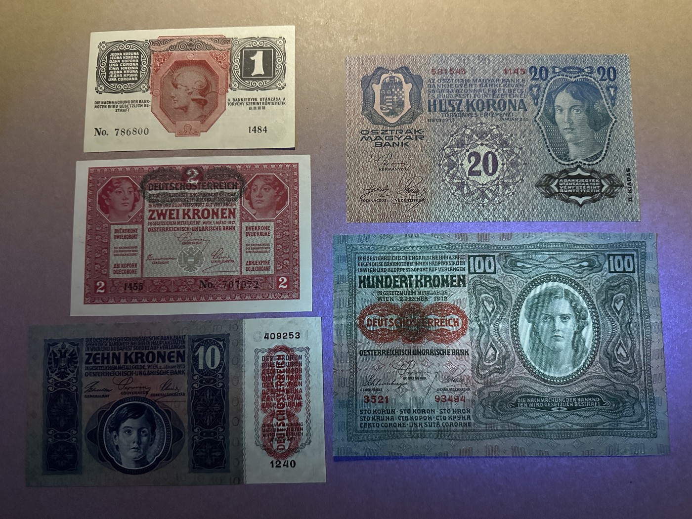 《张总收藏》138期-节后首期外币高货场 奥地利1、2、10、20、100克朗5张 UNC 1919年老版本