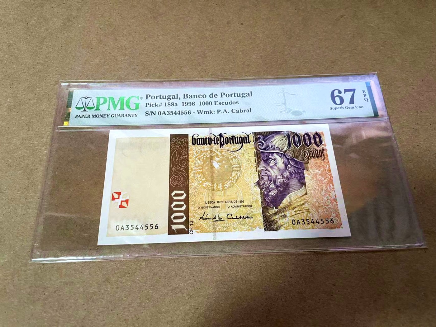 【Blue Auction】✨世界纸币精拍第435期【精】 【a版0A冠】葡萄牙 1996年1000埃斯库多 PMG67EPQ 高分