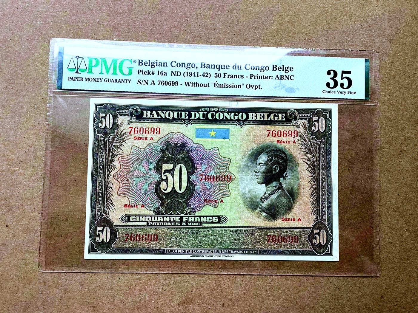 【Blue Auction】✨世界纸币精拍第435期【精】 【初版A冠 背面无加盖 实钞 大名誉品 仅6张更高分】比属刚果 1941-42年50法郎 ABNC出品 经典丛林豹 票面相对干净 a版画面完整没有年份红字加盖 PMG35 雕刻非常精美 值得收藏