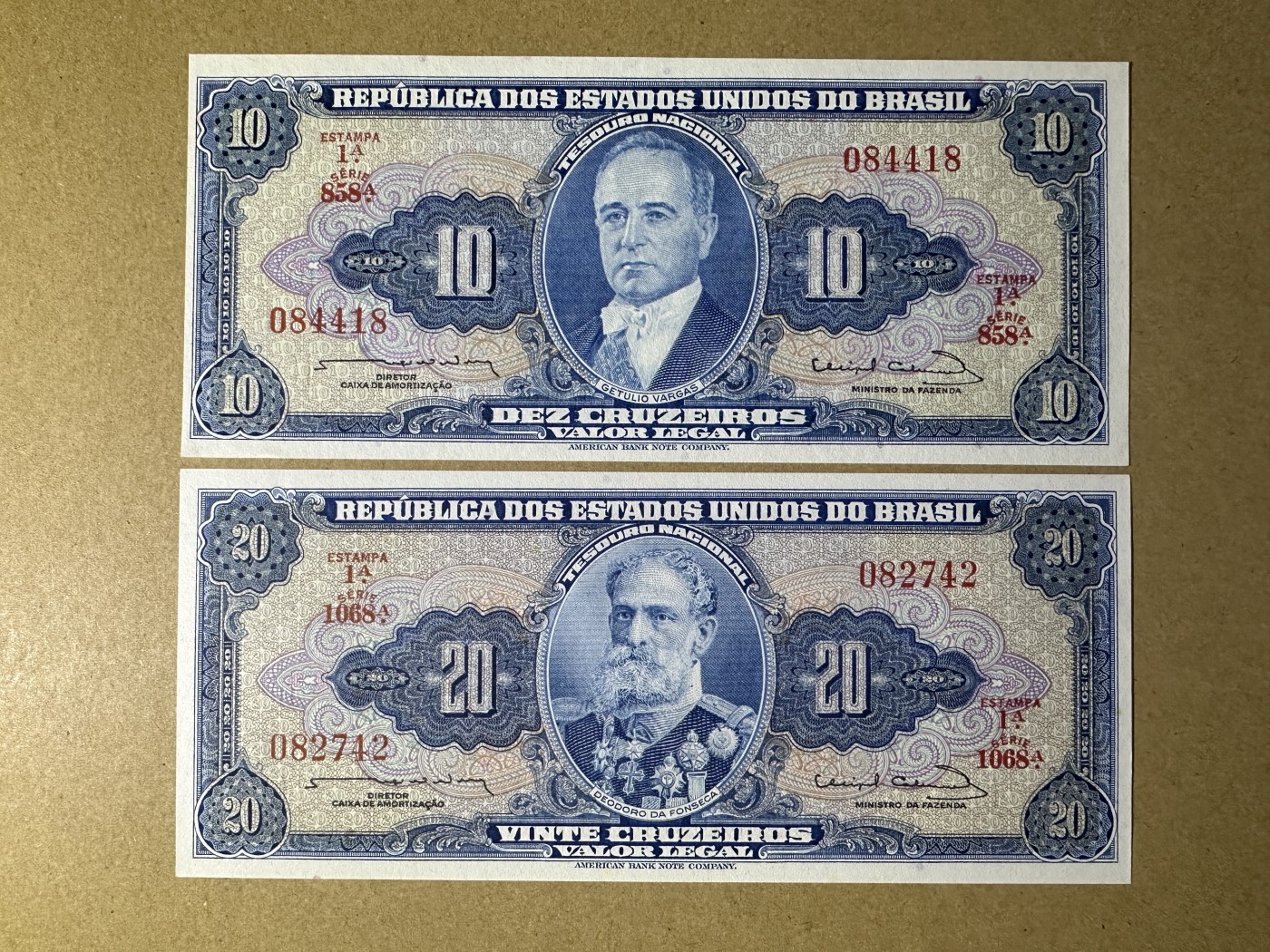 《张总收藏》138期-节后首期外币高货场 巴西10、20克鲁塞罗2张 UNC 1961年发行老版本