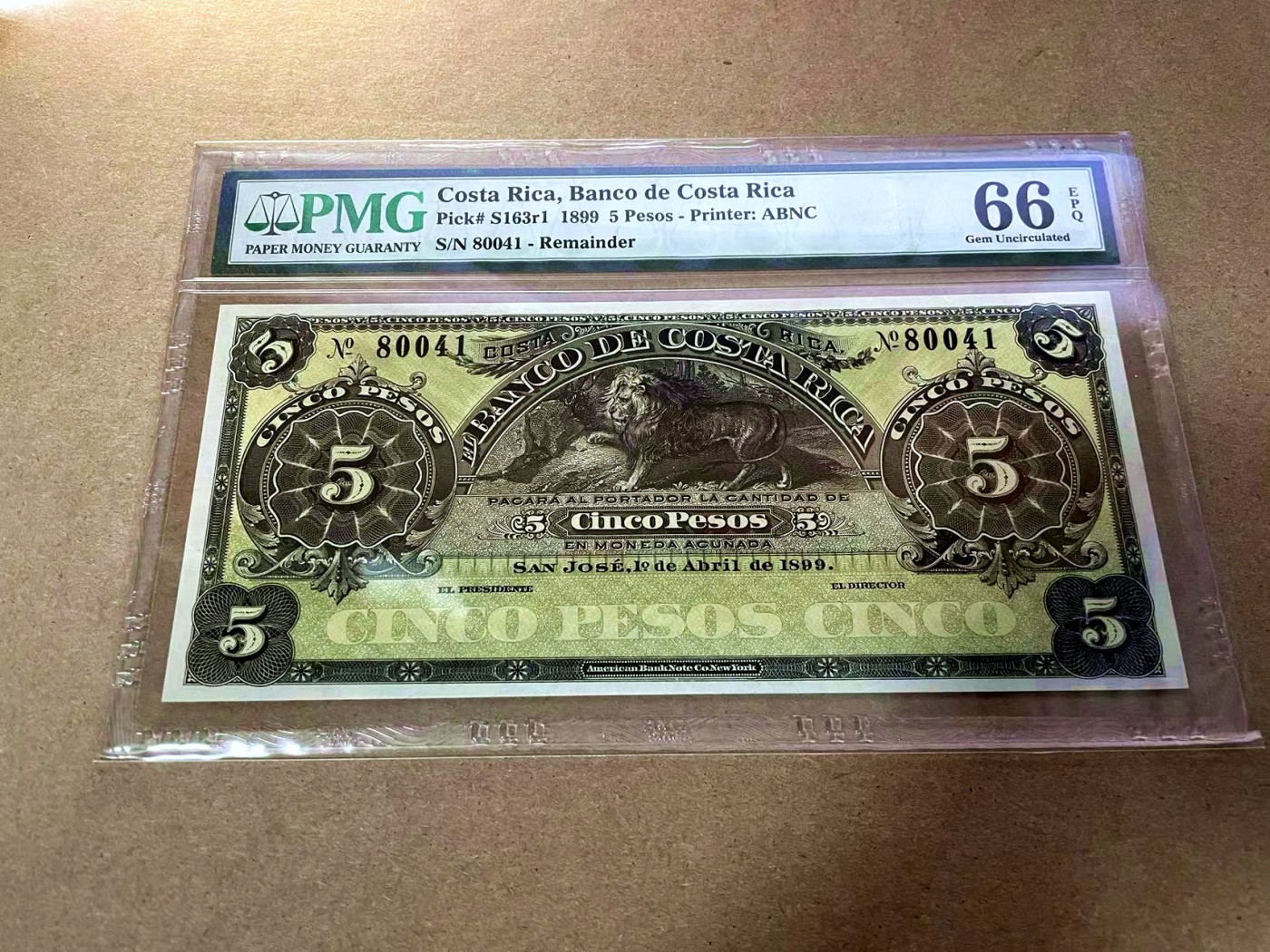 【Blue Auction】✨世界纸币精拍第435期【精】 哥斯达黎加 1899年5比索 ABNC出品 雄狮 PMG66EPQ 