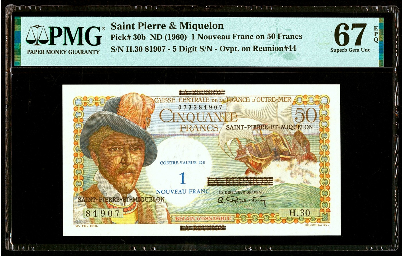 【Blue Auction】✨世界纸币精拍第435期【精】 圣皮埃尔和密克隆 经典白奶球 1960年1新法郎=50法郎 PMG67EPQ 高分