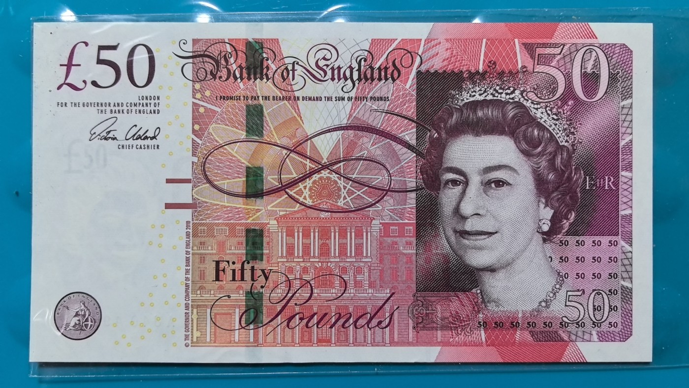 英国2010年50镑 F序列 签名如图 欧洲纸币 实物图 UNC