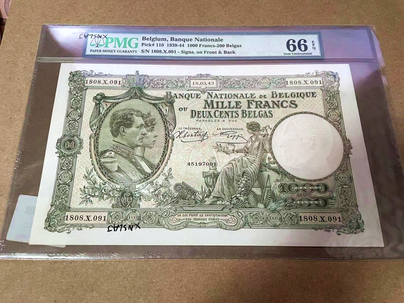 【Blue Auction】✨世界纸币精拍第435期【精】 【倒置号】比利时 1939-44年1000法郎 PMG66EPQ 