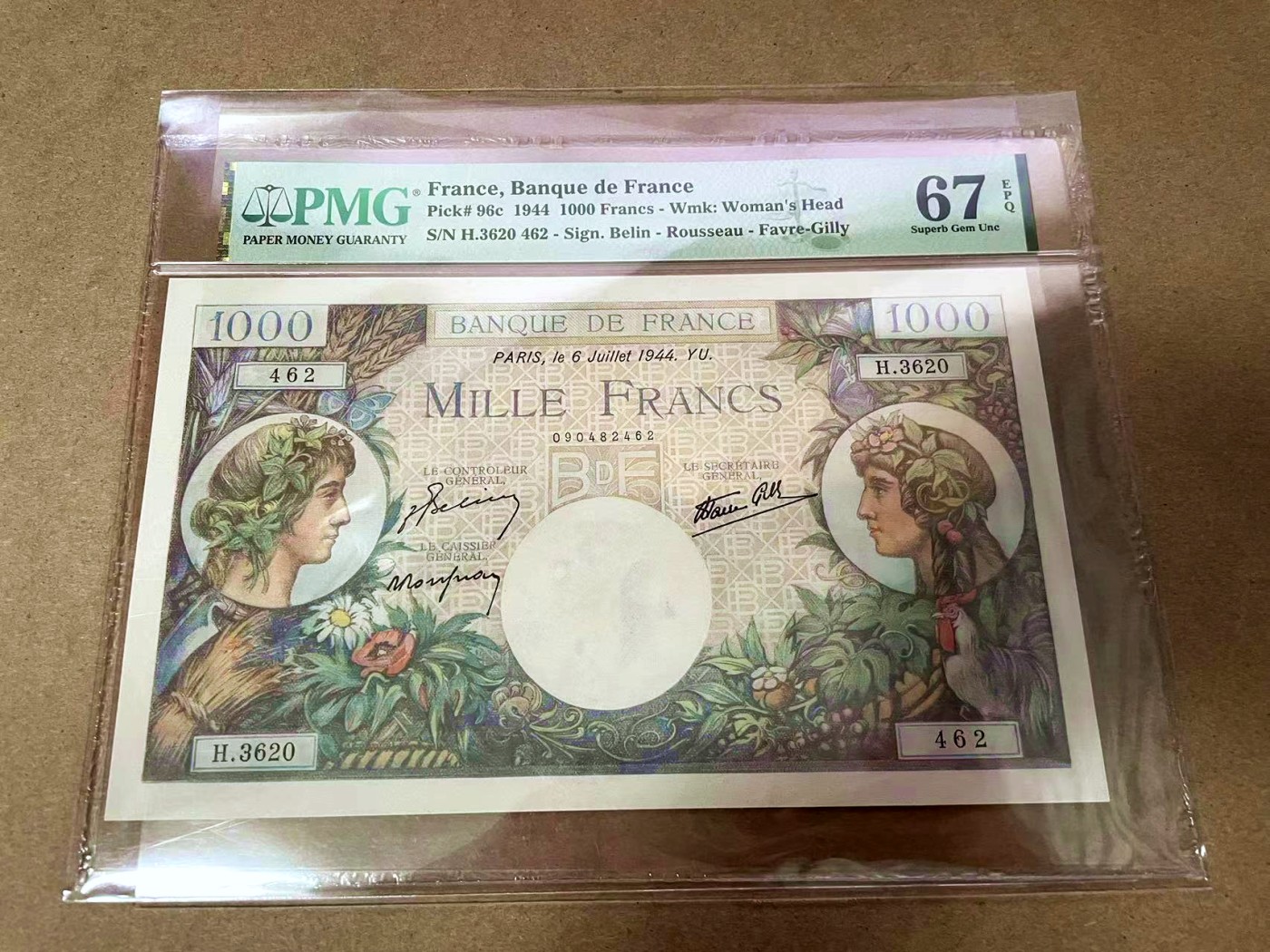 【Blue Auction】✨世界纸币精拍第435期【精】 法国 1944年1000法郎 PMG67EPQ 高分 大票幅 墨丘利 精美 