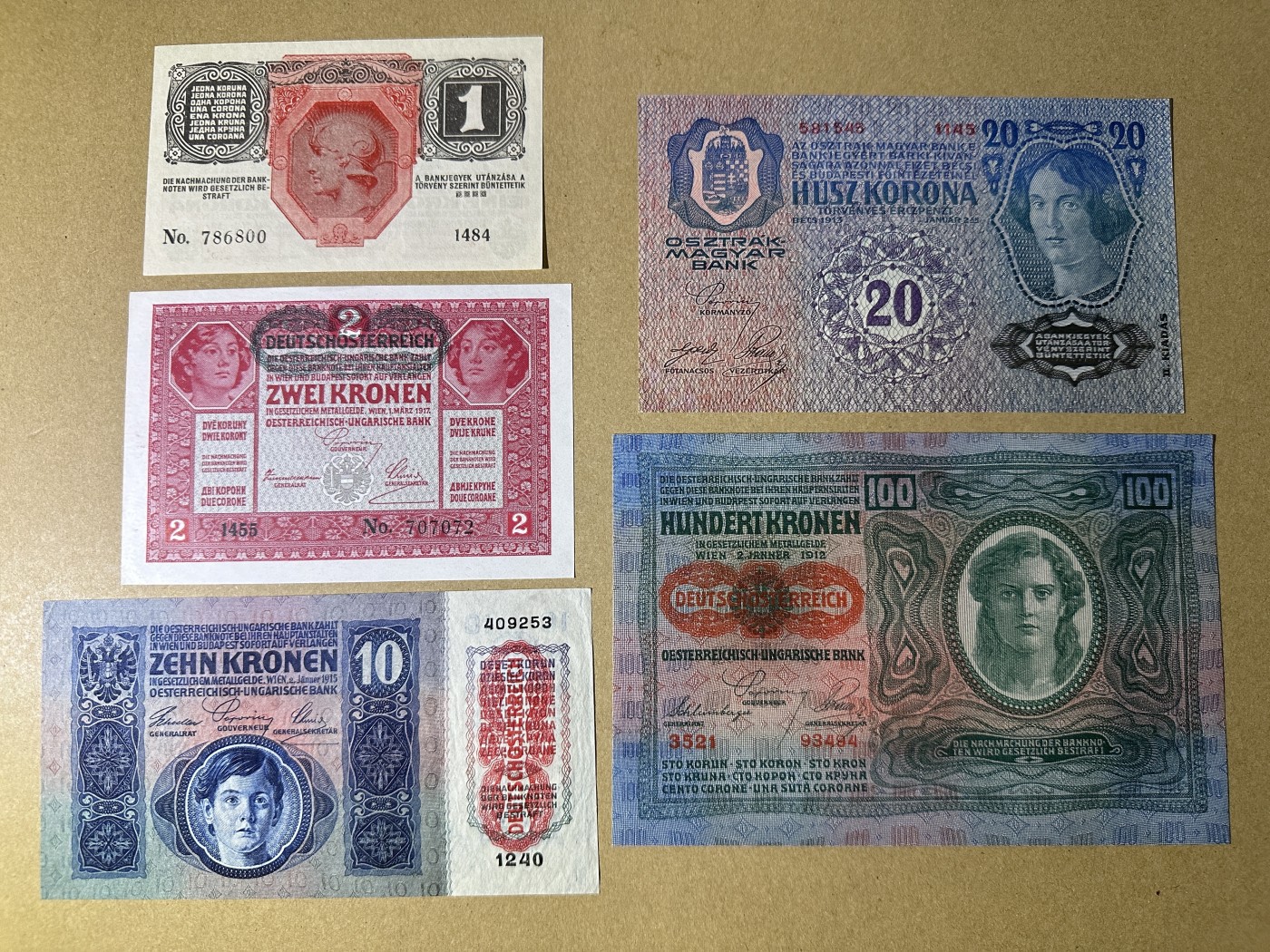 《张总收藏》138期-节后首期外币高货场 奥地利1、2、10、20、100克朗5张 UNC 1919年老版本