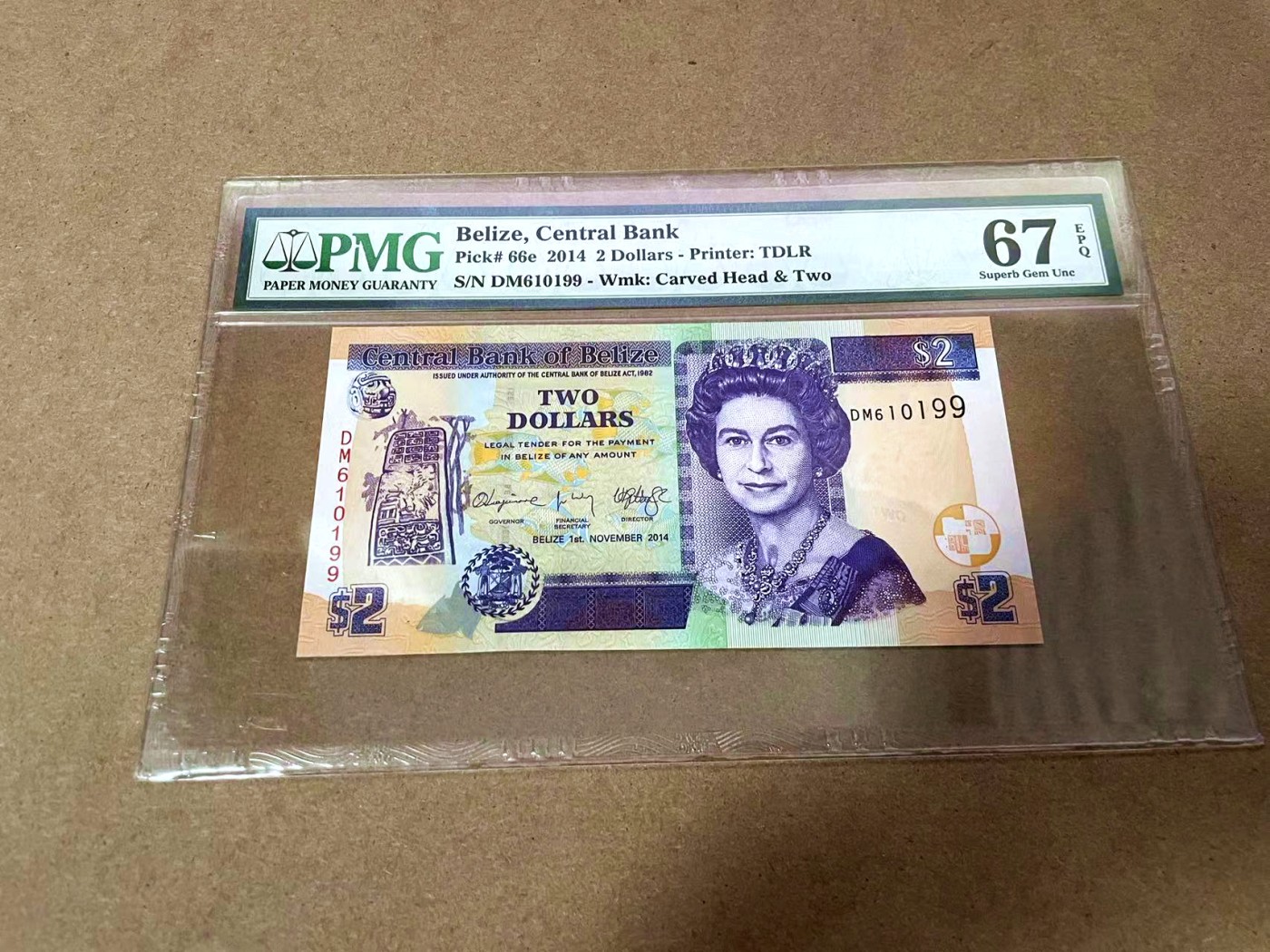 【Blue Auction】✨世界纸币精拍第435期【精】 【倒置号】伯利兹 2014年2元 PMG67EPQ 高分 女王