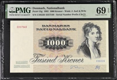 《张总收藏》138期-节后首期外币高货场 - 丹麦1992年1000克朗最高值PMG69E冠军分尾8，全球仅3张，名誉品大松鼠 雕刻精美 栩栩如生