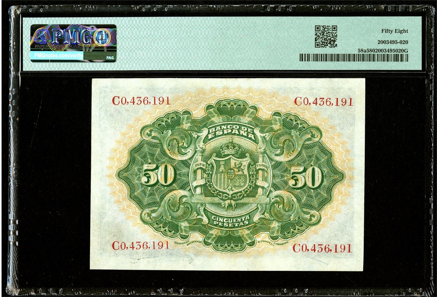 【Blue Auction】✨世界纸币精拍第435期【精】  【百年风云】西班牙早期 1906年50比塞塔 BWC出品 女神&小天使 雕刻精美 PMG58 较高分