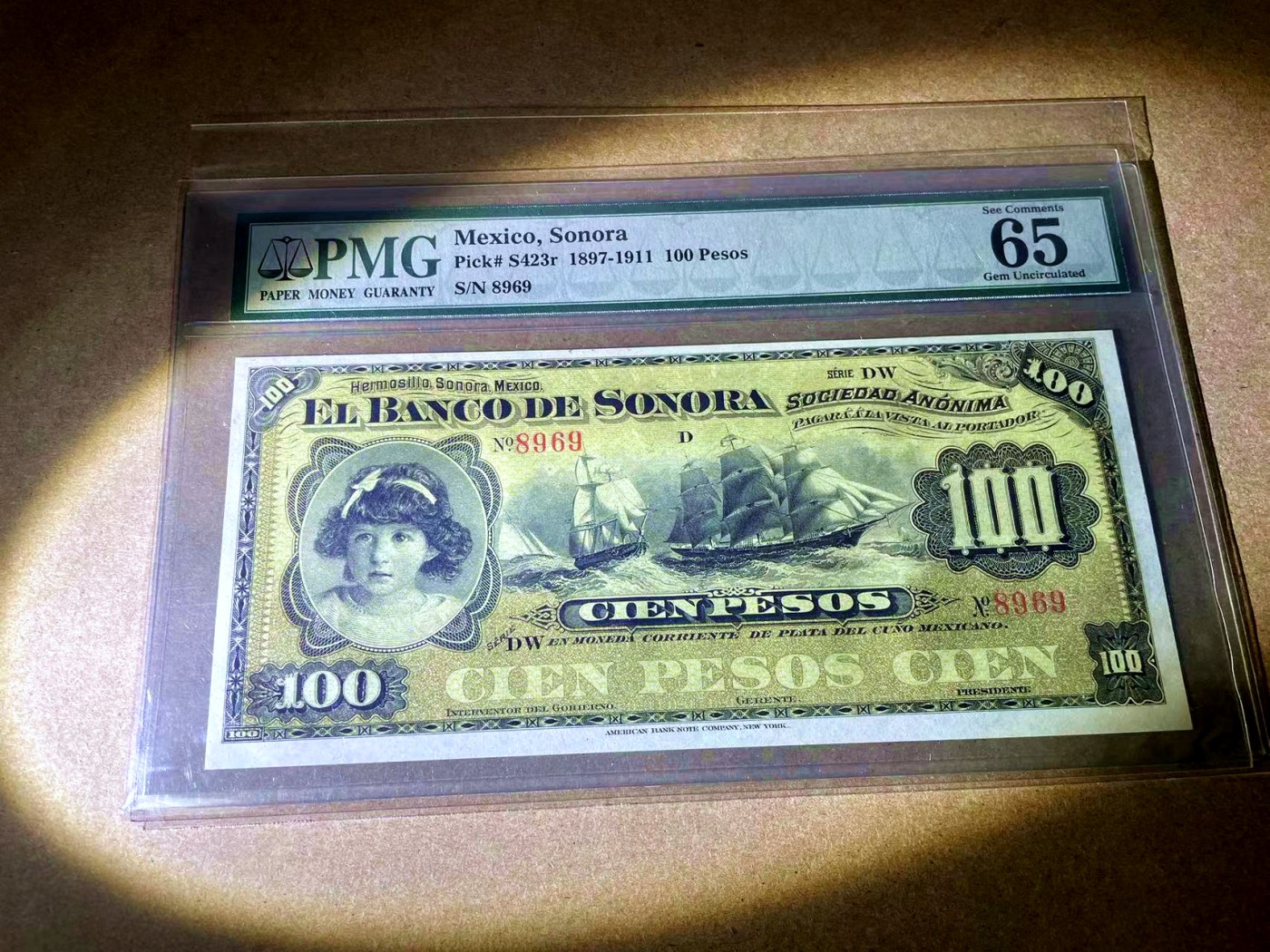 【Blue Auction】✨世界纸币精拍第435期【精】 【无47】墨西哥 1897-1911年100比索 PMG65EPQ 第一代壳子少见 ABNC出品  小女孩 设计精美