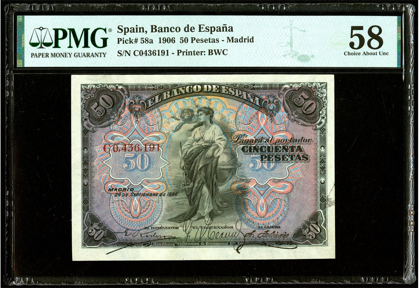 【Blue Auction】✨世界纸币精拍第435期【精】  【百年风云】西班牙早期 1906年50比塞塔 BWC出品 女神&小天使 雕刻精美 PMG58 较高分