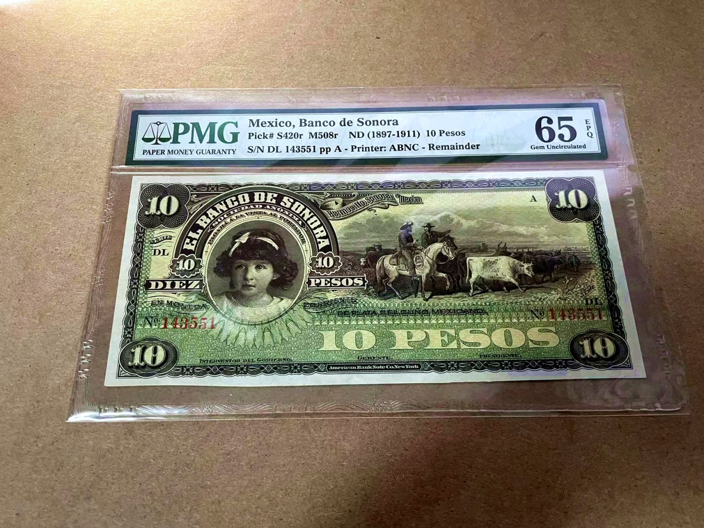 【Blue Auction】✨世界纸币精拍第435期【精】 墨西哥 1897-1911年10比索 PMG65EPQ  ABNC出品  小女孩 设计精美