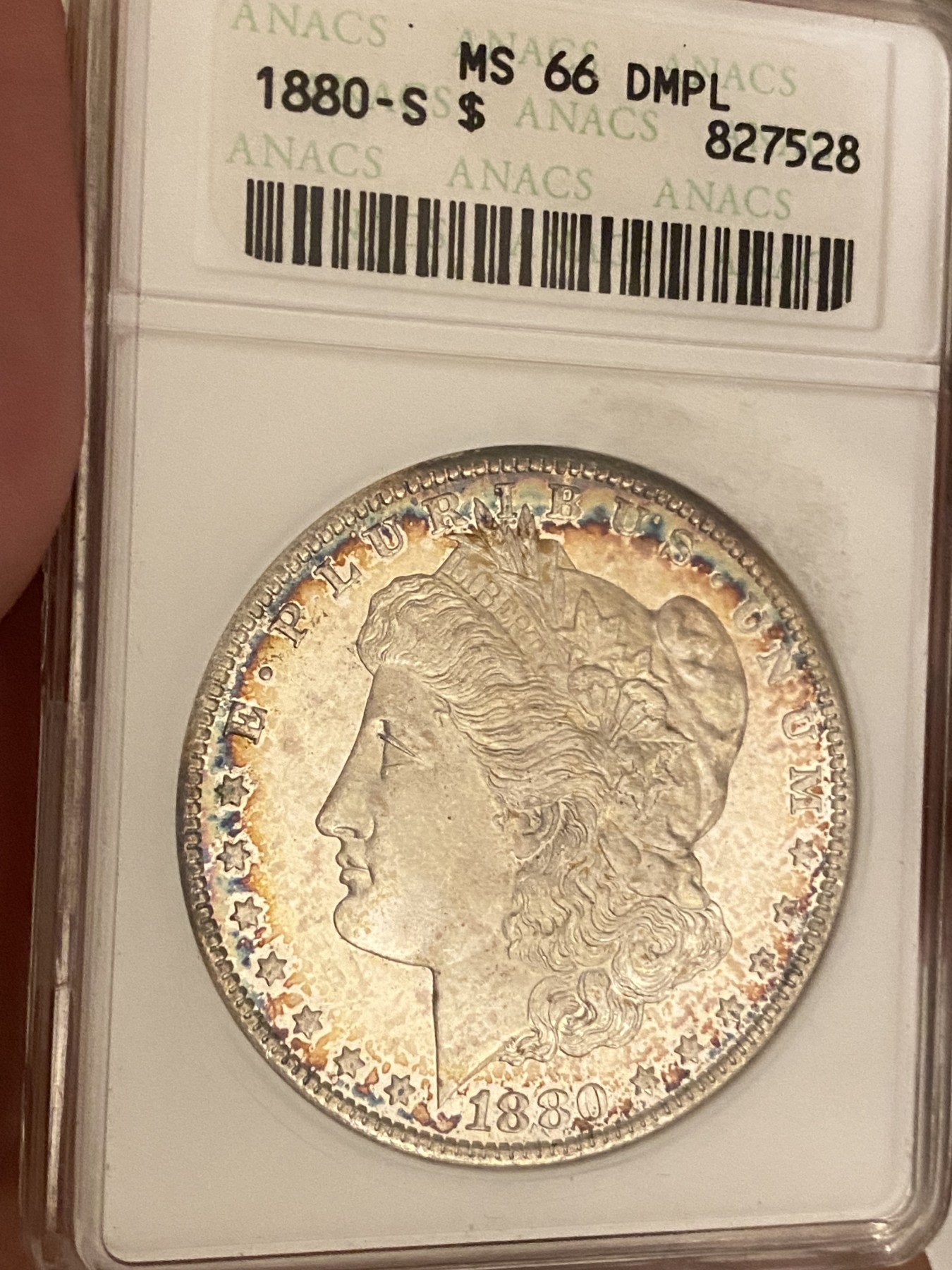 万国钱币拍卖第021期（龙年首拍） ANACS MS66DMPL 1880年美国摩根女神银元1美元 极致环彩+深度镜面 ANACS老盒难得