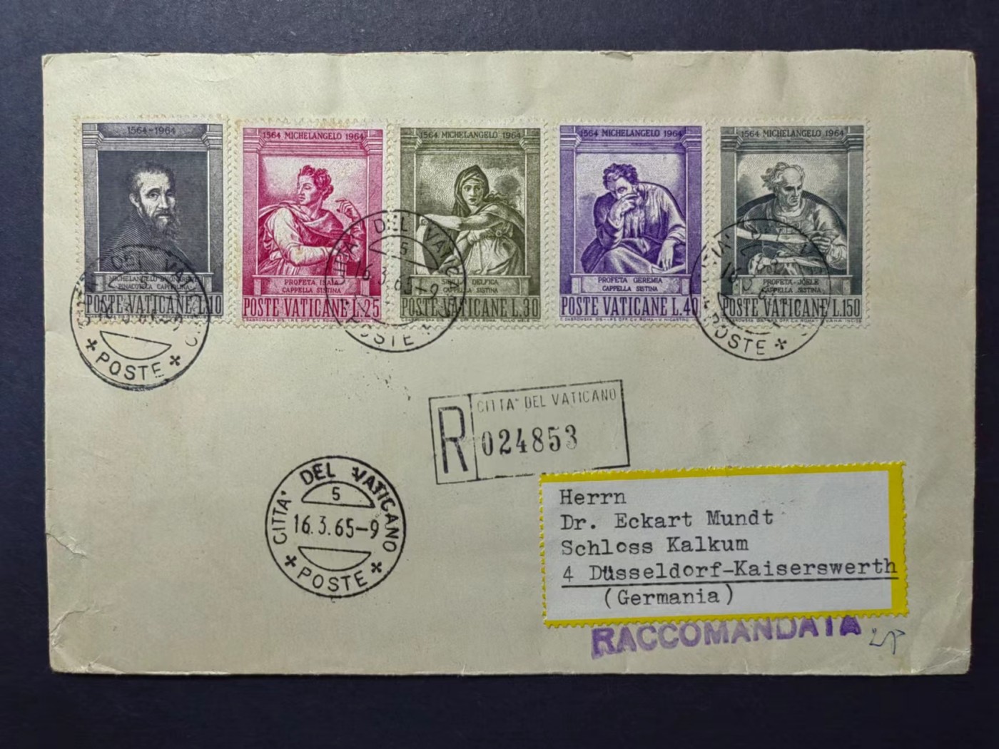 多国邮品✌（拍卖场）精品🔥专场 第④⑨场 梵蒂冈1964年米开朗基罗逝世400年首日实寄封1全（戳清晰）