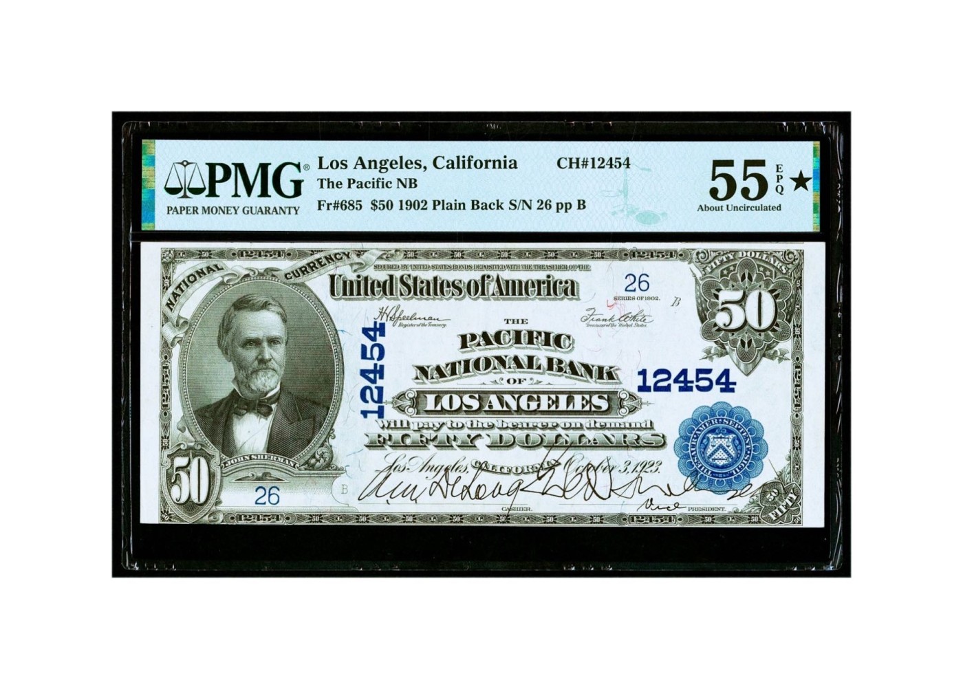 【Blue Auction】✨世界纸币精拍第435期【精】 【26小号 带星原票极罕见 加州洛杉矶银行版本少见 飘逸的手签】美国 1902年50美金 次高值 大票幅 双面雕刻非常精美 油墨光鲜 正面人物为威廉·麦金莱总统时期的美国国务卿约翰·谢尔曼 背面大场景 露奶的缪斯女神设计非常清新甜美 工厂冒着灰烟和时代的列车标志着美国加速工业化进程 PMG55EPQ星星 副行长小签名非常罕见  该面值烂品都非常贵