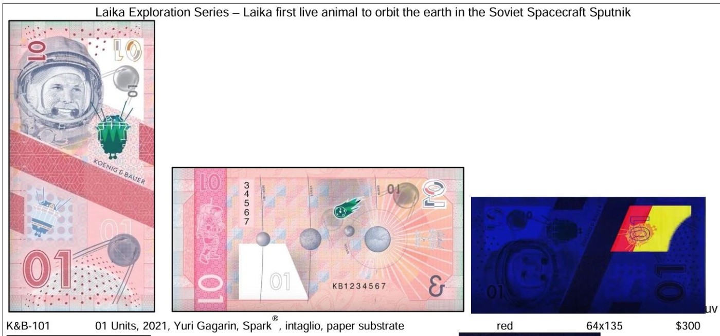 2025第25场（总第225期）：精品测试钞、纪念钞、塑料钞、连体钞综合场 瑞士高宝KBA 2021“莱卡～01”系列塑料测试钞UNC（SPARK®、Optics、俄罗斯宇航员尤里·加加林Yuri Gagarin）