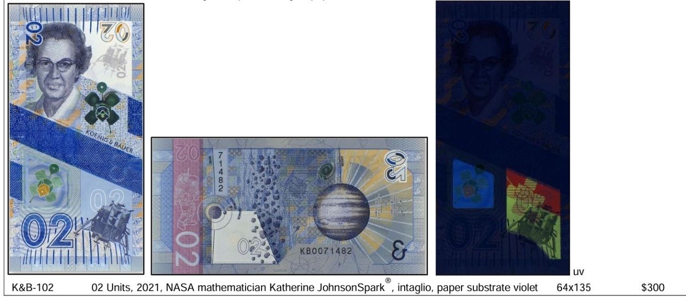 2025第25场（总第225期）：精品测试钞、纪念钞、塑料钞、连体钞综合场 瑞士高宝KBA 2021“莱卡～02”系列塑料测试钞UNC（SPARK®、Optics、美国航天科学家凯瑟琳·约翰逊 Katherine Johnson）