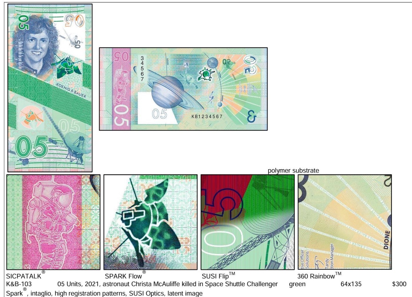 2025第25场（总第225期）：精品测试钞、纪念钞、塑料钞、连体钞综合场 瑞士高宝KBA 2021“莱卡～05”系列塑料测试钞UNC（SPARK®、Optics、美国宇航员克里斯塔·麦考利夫 Christa McAuliffe）