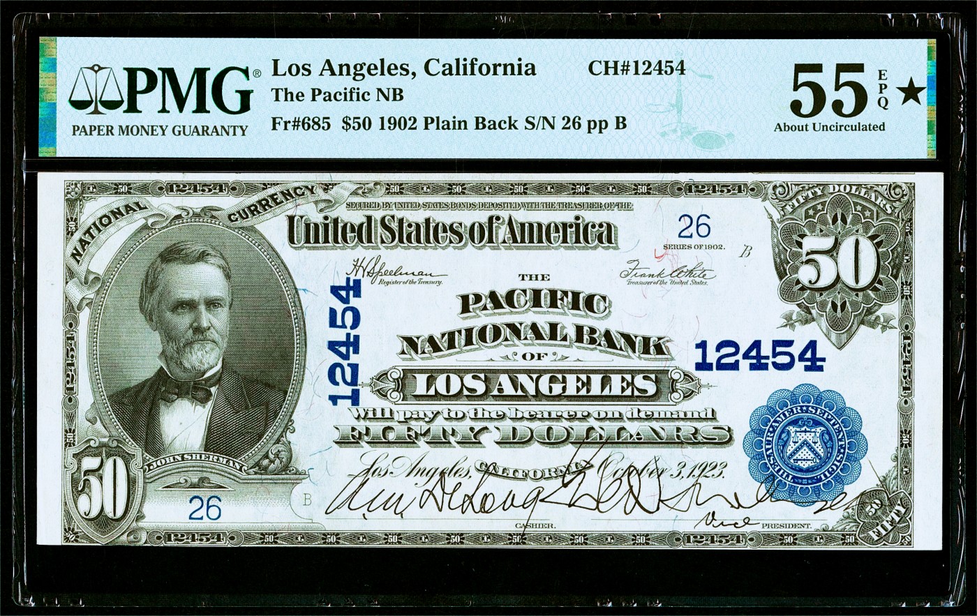 【Blue Auction】✨世界纸币精拍第435期【精】 【26小号 带星原票极罕见 加州洛杉矶银行版本少见 飘逸的手签】美国 1902年50美金 次高值 大票幅 双面雕刻非常精美 油墨光鲜 正面人物为威廉·麦金莱总统时期的美国国务卿约翰·谢尔曼 背面大场景 露奶的缪斯女神设计非常清新甜美 工厂冒着灰烟和时代的列车标志着美国加速工业化进程 PMG55EPQ星星 副行长小签名非常罕见  该面值烂品都非常贵
