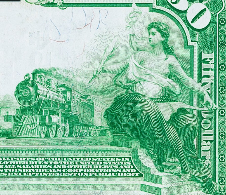 【Blue Auction】✨世界纸币精拍第435期【精】 【26小号 带星原票极罕见 加州洛杉矶银行版本少见 飘逸的手签】美国 1902年50美金 次高值 大票幅 双面雕刻非常精美 油墨光鲜 正面人物为威廉·麦金莱总统时期的美国国务卿约翰·谢尔曼 背面大场景 露奶的缪斯女神设计非常清新甜美 工厂冒着灰烟和时代的列车标志着美国加速工业化进程 PMG55EPQ星星 副行长小签名非常罕见  该面值烂品都非常贵