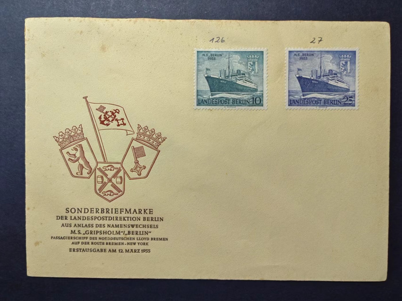 多国邮品✌（拍卖场）精品🔥专场 第④⑨场 德国1955年 劳埃德不来梅号客船在，不来梅市-纽约路线上 航行纪念