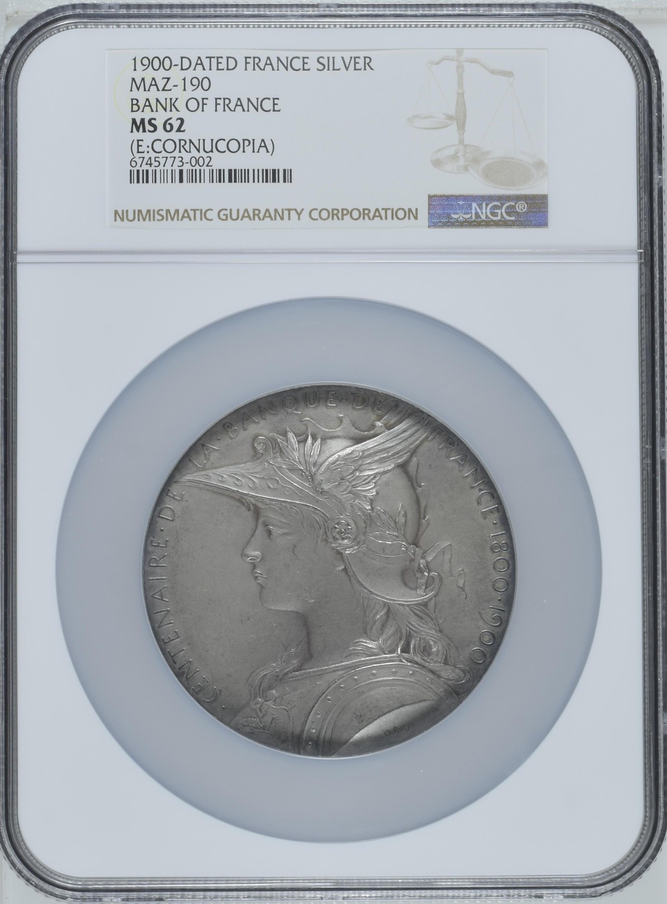 「木头集藏」章牌专场-第38期 O.Roty～法国法兰西银行建行百年纪念银章 直径：68mm，