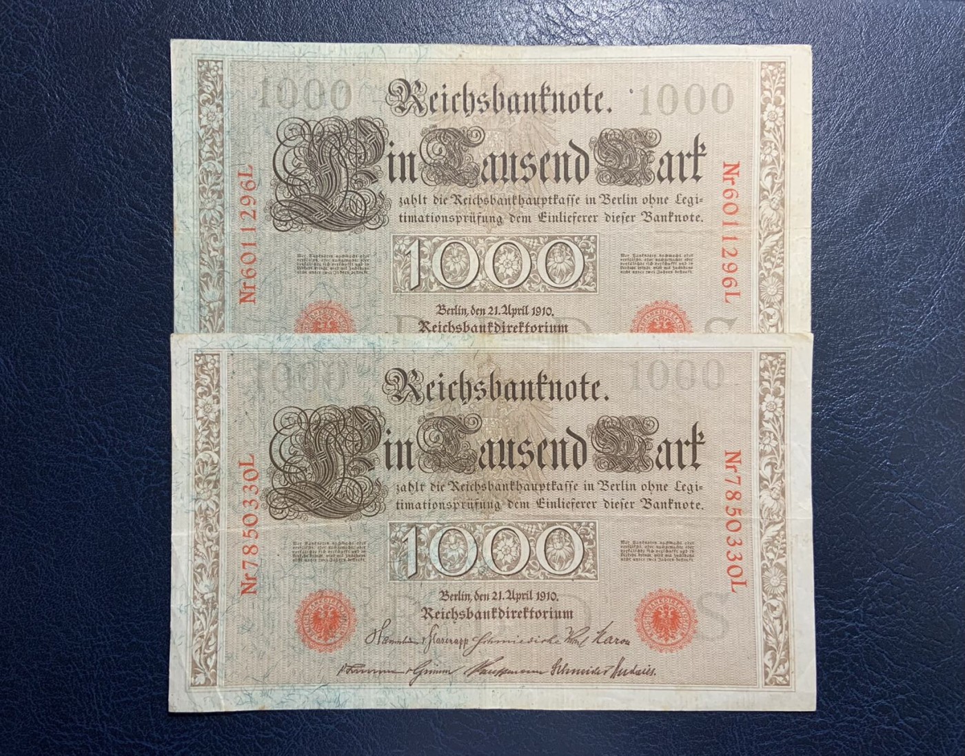 收藏联盟Quantum Auction 第326期拍卖  德国1910年1000马克两张 非全新  品相如图 大票幅 