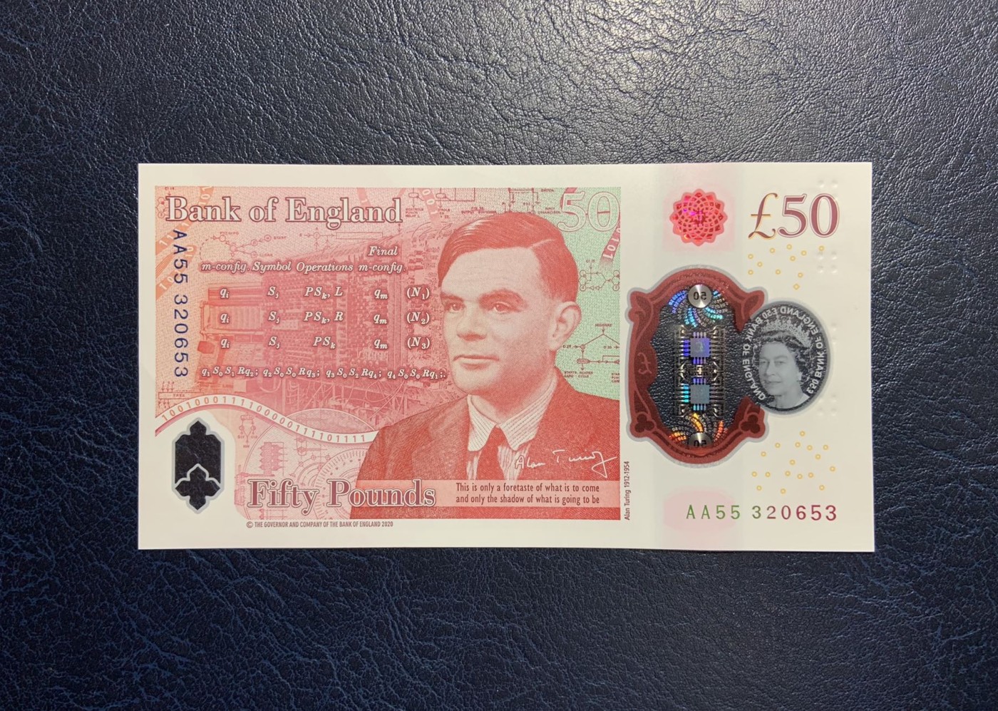 收藏联盟Quantum Auction 第326期拍卖  英国2020年50镑 品相UNC-   图灵 中间点钞痕和压痕 AA冠 号码全程无4