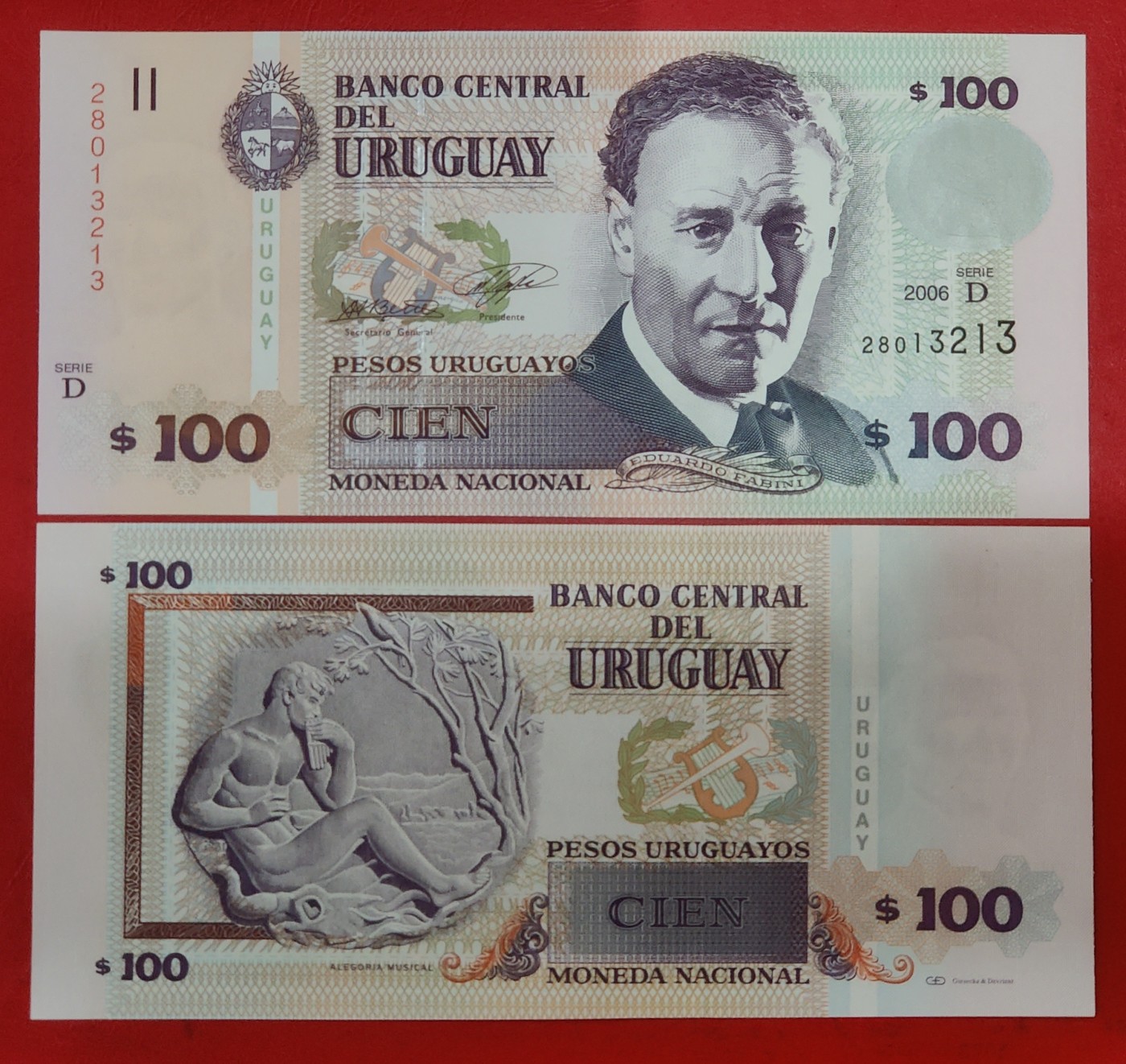全新UNC 2006年 D乌拉圭100比索 纸币 美洲 号码随机 