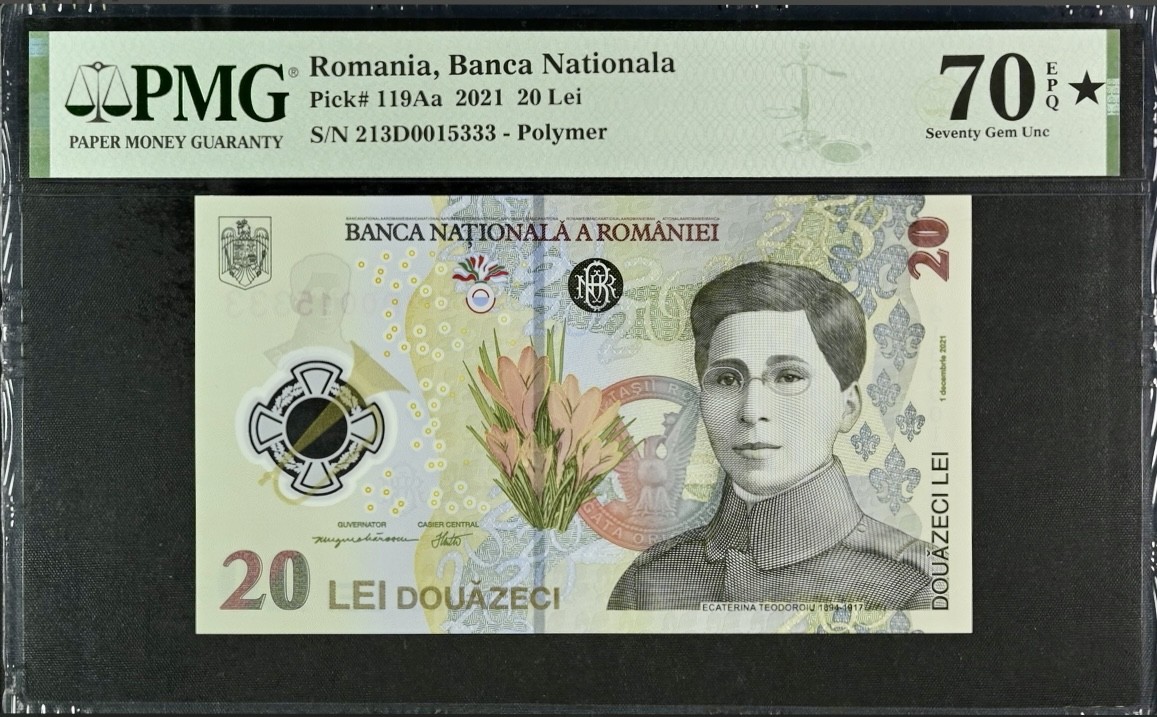 【Blue Auction】✨世界纸币精拍第436期【精】 【冠军分 满分 333豹子号无47】罗马尼亚 2021年20雷 PMG70EPQ星星 