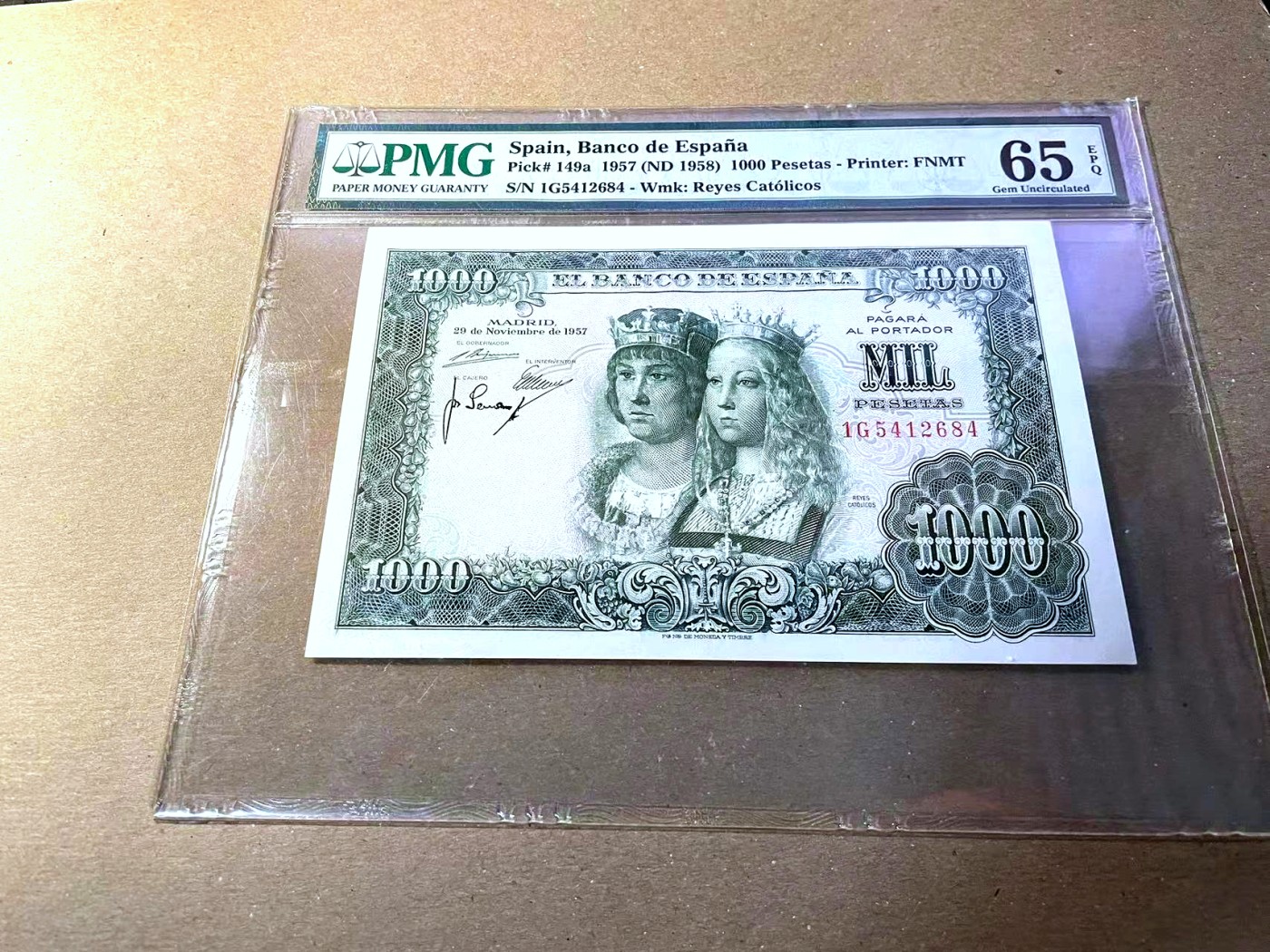 【Blue Auction】✨世界纸币精拍第436期【精】 西班牙 1957年1000比塞塔 PMG65EPQ 经典双王