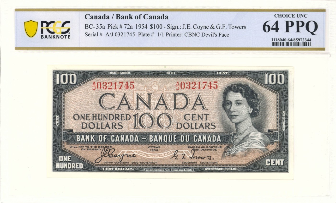 收藏联盟Quantum Auction 第326期拍卖  加拿大1954年100元魔鬼脸  PCGS64ppq 乱蛇号