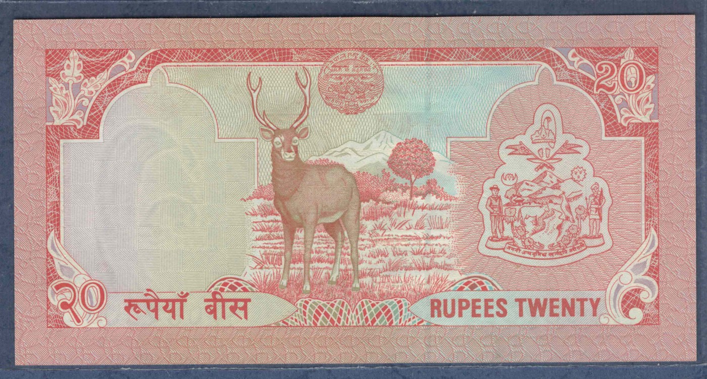 尼泊尔1982年至1987年20卢比 签名13 P-32 号码长24mm 实物图 UNC