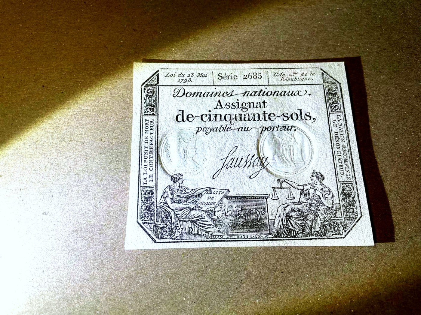 【Blue Auction】✨世界纸币精拍第436期【精】 【2685号】法国 1793年50索尔 全新UNC 带钢戳防伪 