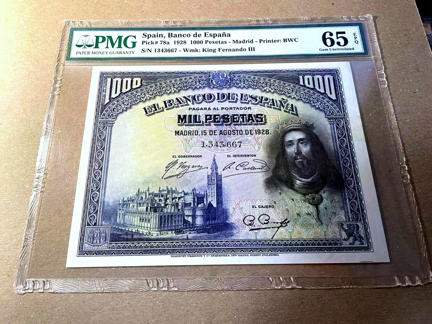 【Blue Auction】✨世界纸币精拍第436期【精】 西班牙 1928年1000比塞塔 PMG65EPQ BWC出品 大方块