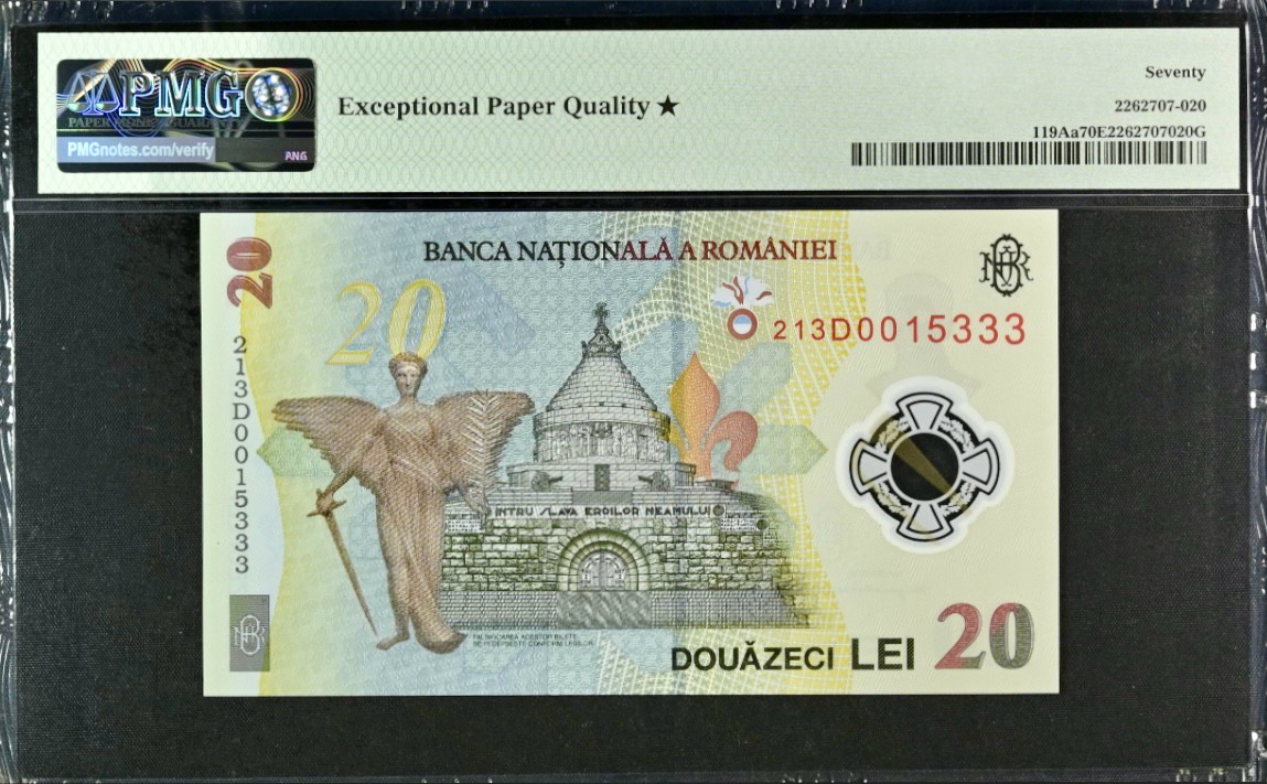 【Blue Auction】✨世界纸币精拍第436期【精】 【冠军分 满分 333豹子号无47】罗马尼亚 2021年20雷 PMG70EPQ星星 