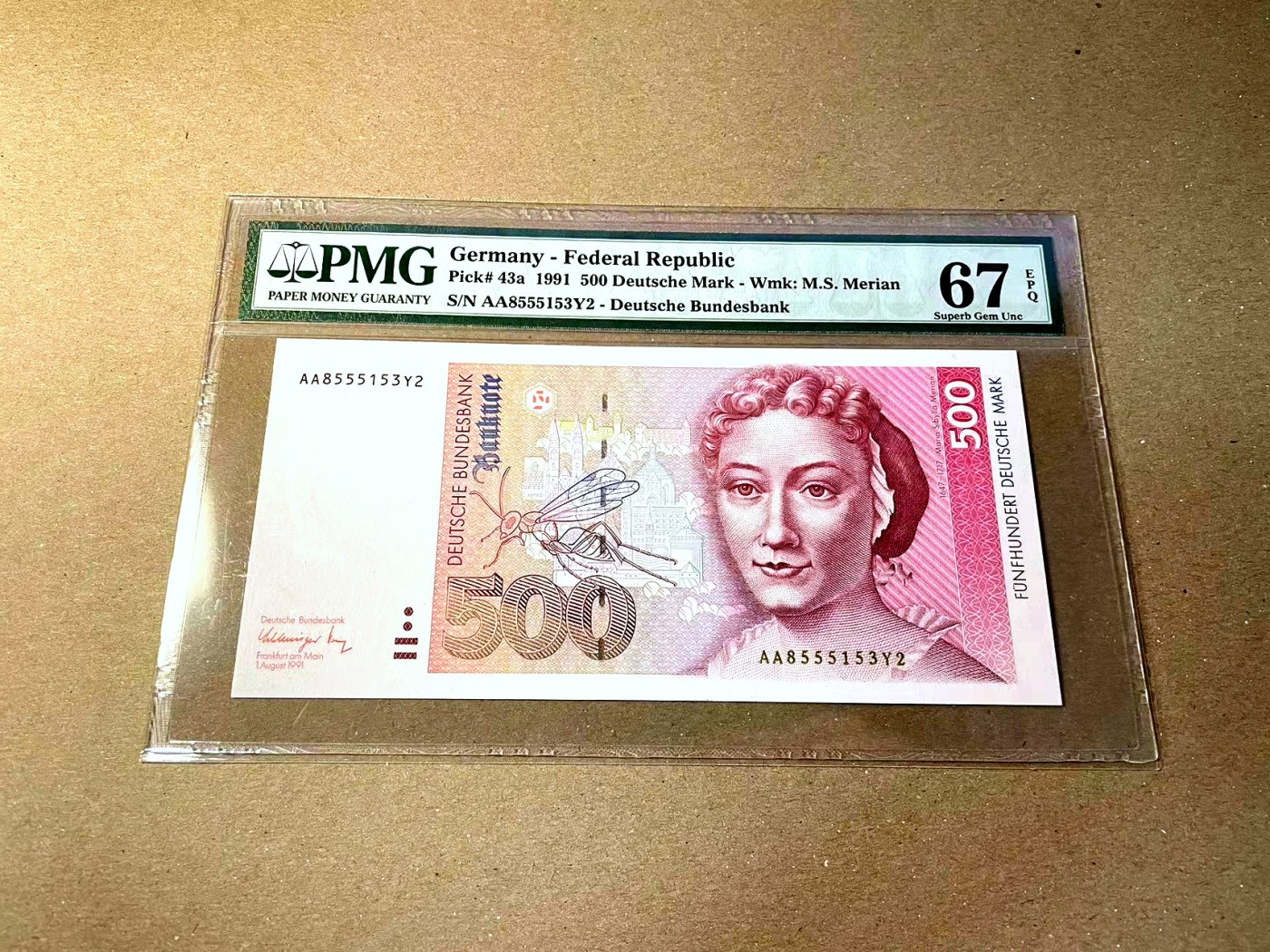 【Blue Auction】✨世界纸币精拍第436期【精】 【AA冠无47】德国 1991年500马克 梅里安 PMG67EPQ 高分 