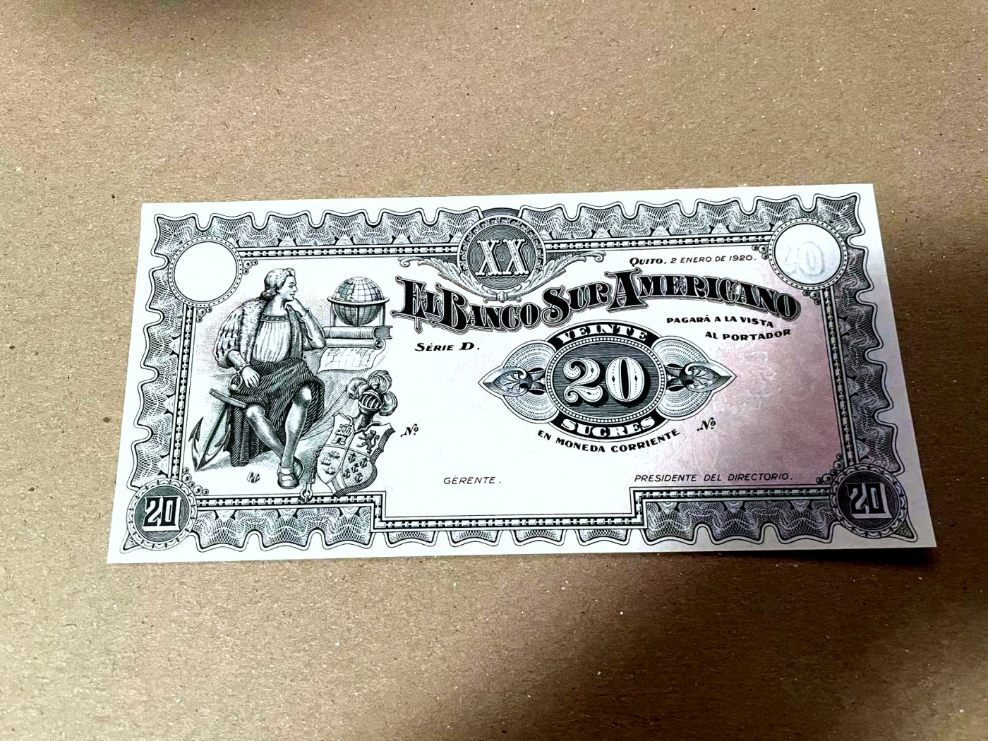 【Blue Auction】✨世界纸币精拍第436期【精】  厄瓜多尔早期 1920年20苏克雷 设计非常精美 大场景 大票幅 UNC-（角极轻微软折） 