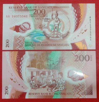 全新UNC 瓦努阿图200瓦图塑料钞 2014年版AA冠 P-NEW - 全新UNC 瓦努阿图200瓦图塑料钞 2014年版AA冠 P-NEW