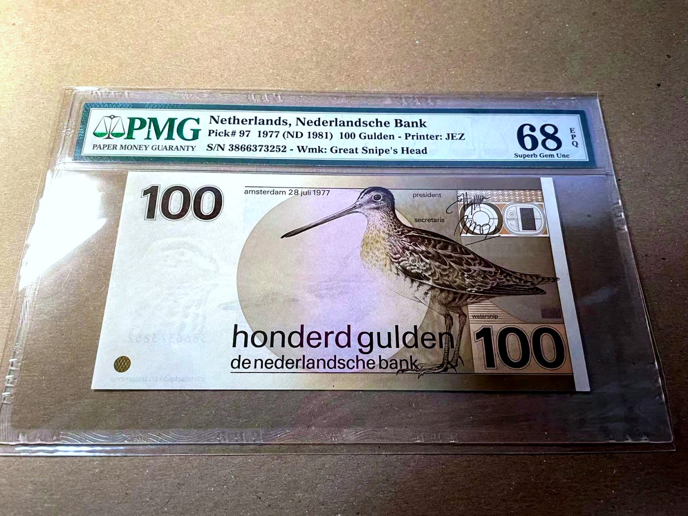 【Blue Auction】✨世界纸币精拍第436期【精】 【亚军分】荷兰 1977年100盾 水鸟 PMG68EPQ 超高分