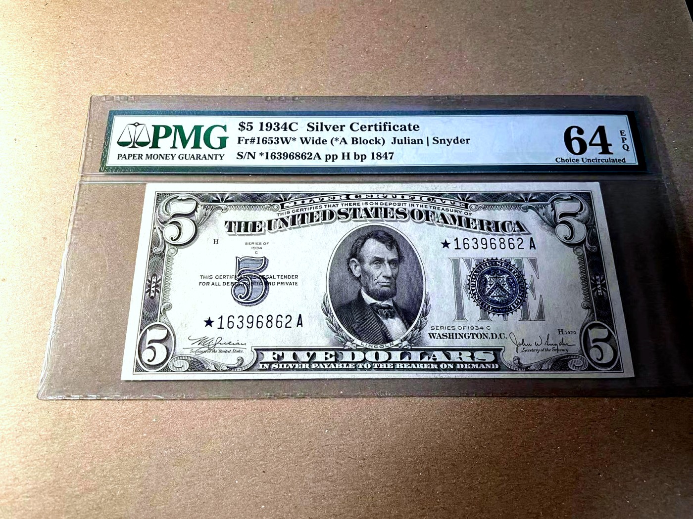 【Blue Auction】✨世界纸币精拍第436期【精】 【星补 无47】美国 1934年5美金 PMG64EPQ 银币券
