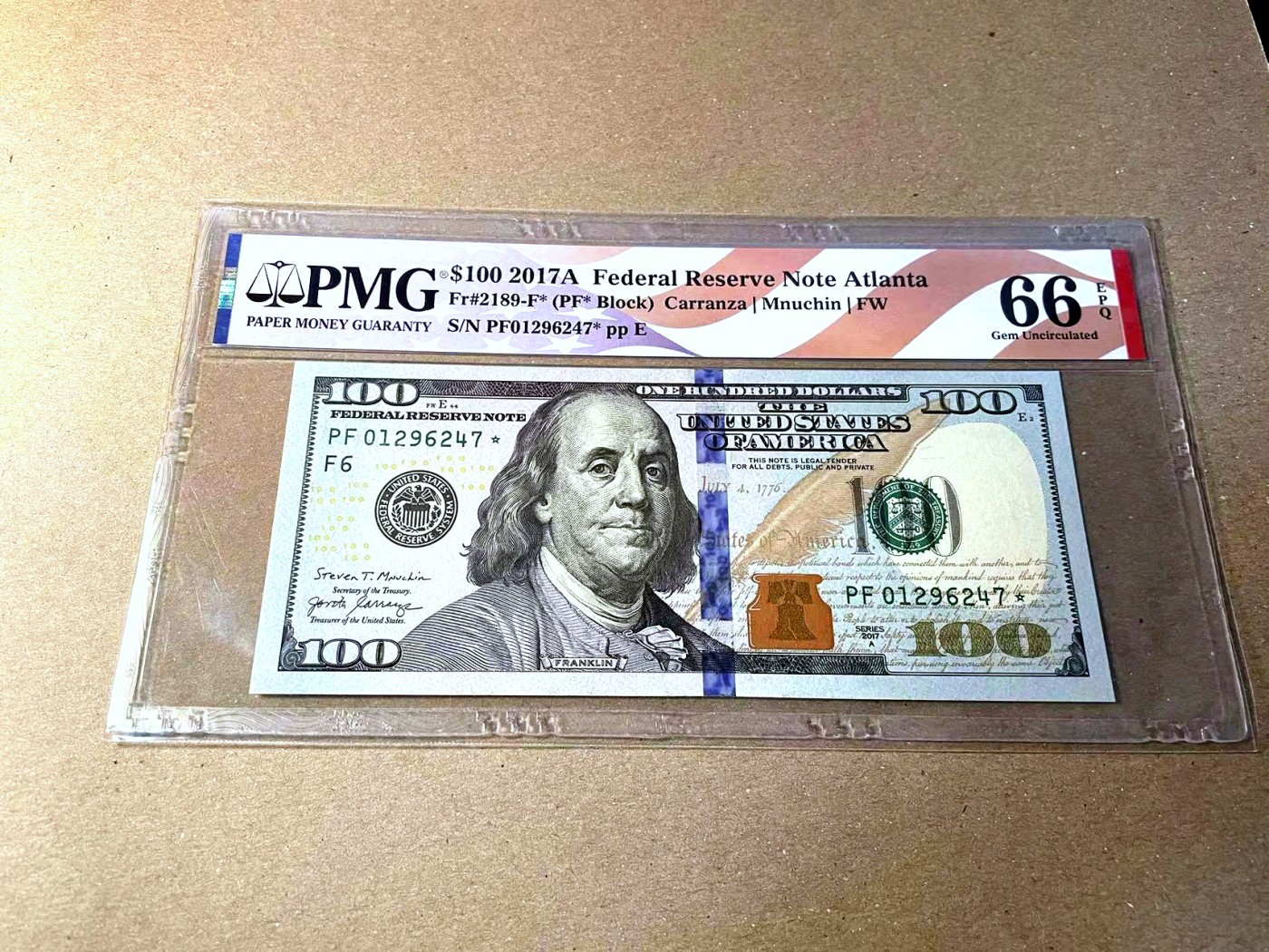 【Blue Auction】✨世界纸币精拍第436期【精】 【补号】美国 2017年100美金 PMG66EPQ 