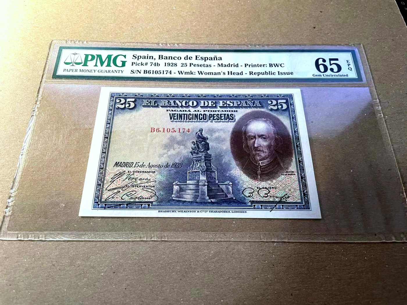 【Blue Auction】✨世界纸币精拍第436期【精】 西班牙 1928年25比塞塔 PMG65EPQ  BWC出品