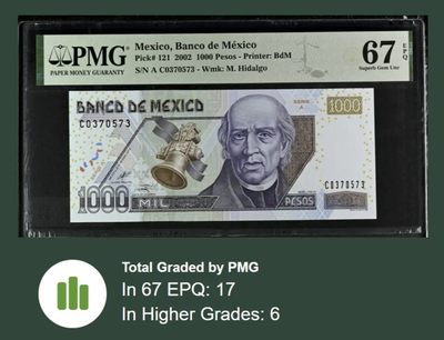PMG67墨西哥🇲🇽1000比索2002首发A系列稀少高分 - PMG67墨西哥🇲🇽1000比索2002首发A系列稀少高分