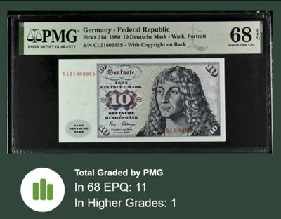 PMG68德国🇩🇪10马克1980稀少亚军分🥈仅一张更高‼️ - PMG68德国🇩🇪10马克1980稀少亚军分🥈仅一张更高‼️