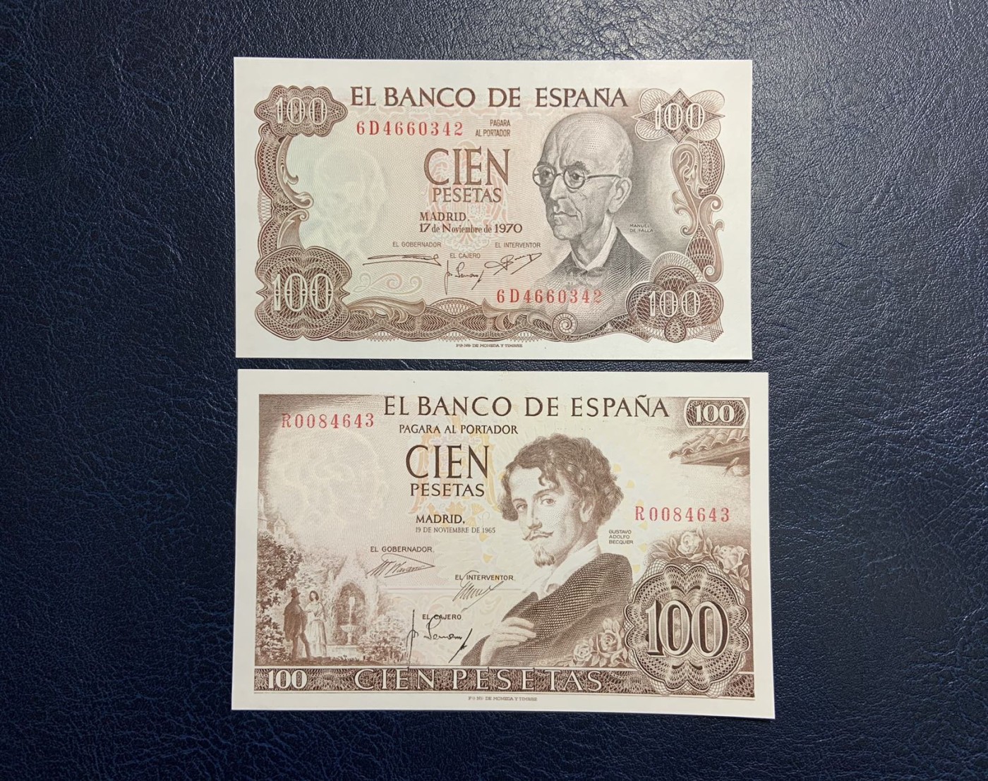 收藏联盟Quantum Auction 第326期拍卖  西班牙1973年和1965年100比塞塔 品相为UNC 其中一张边缘有个轻微黄斑