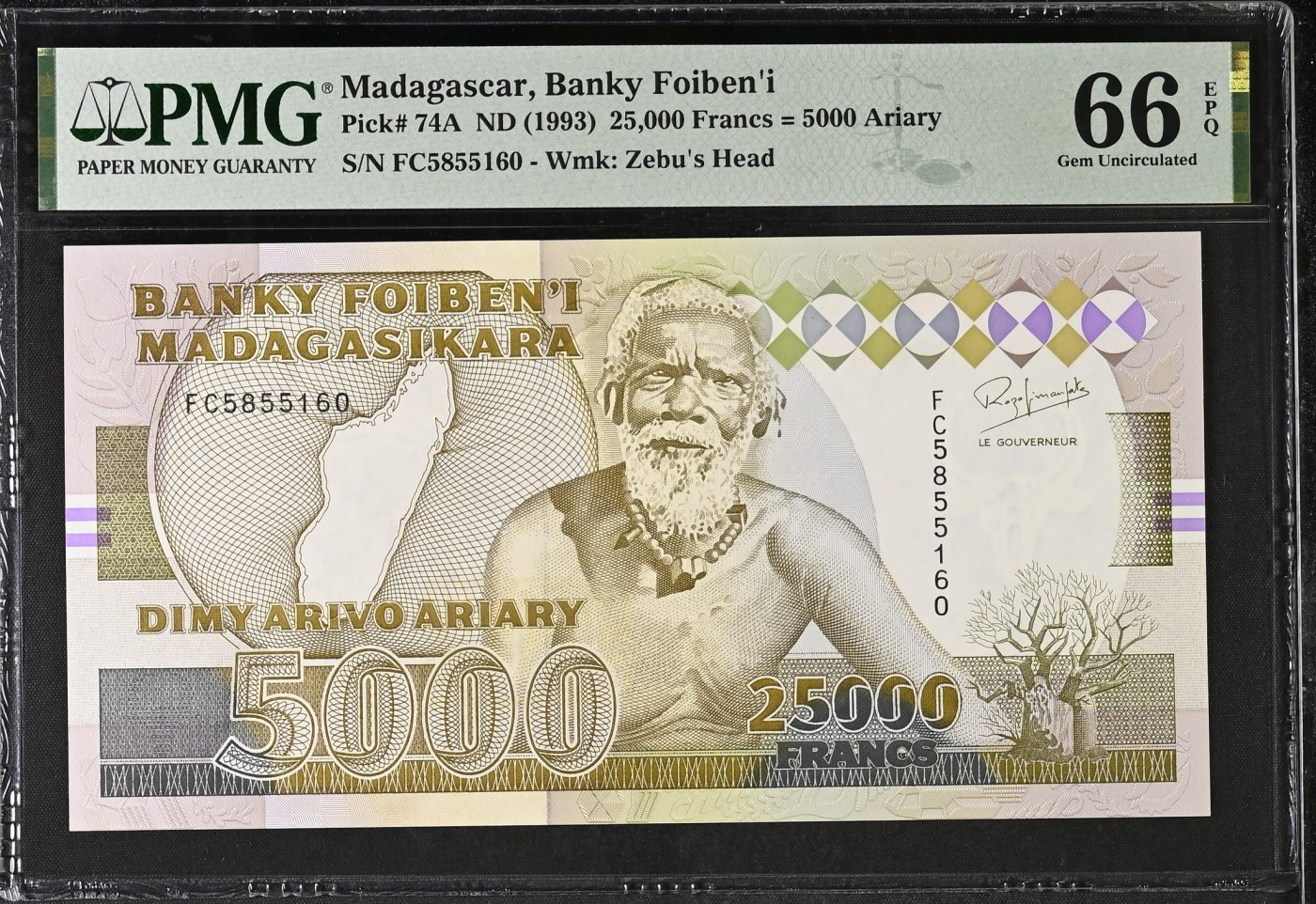 收藏联盟Quantum Auction 第326期拍卖  马达加斯加1993年25,000 Francs = 5000里亚尔 PMG66 号码无347