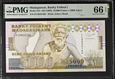 收藏联盟Quantum Auction 第326期拍卖  - 马达加斯加1993年25,000 Francs = 5000里亚尔 PMG66 号码无347